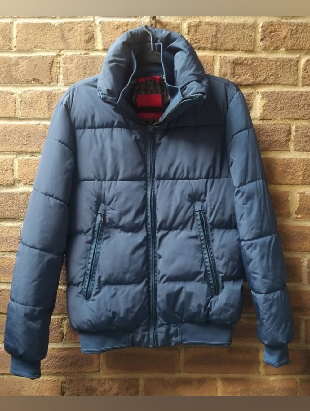Zara Man Puffer Bomber Jacket Hooded Heavyweight Coat Blue Stowaway Hood Men's S